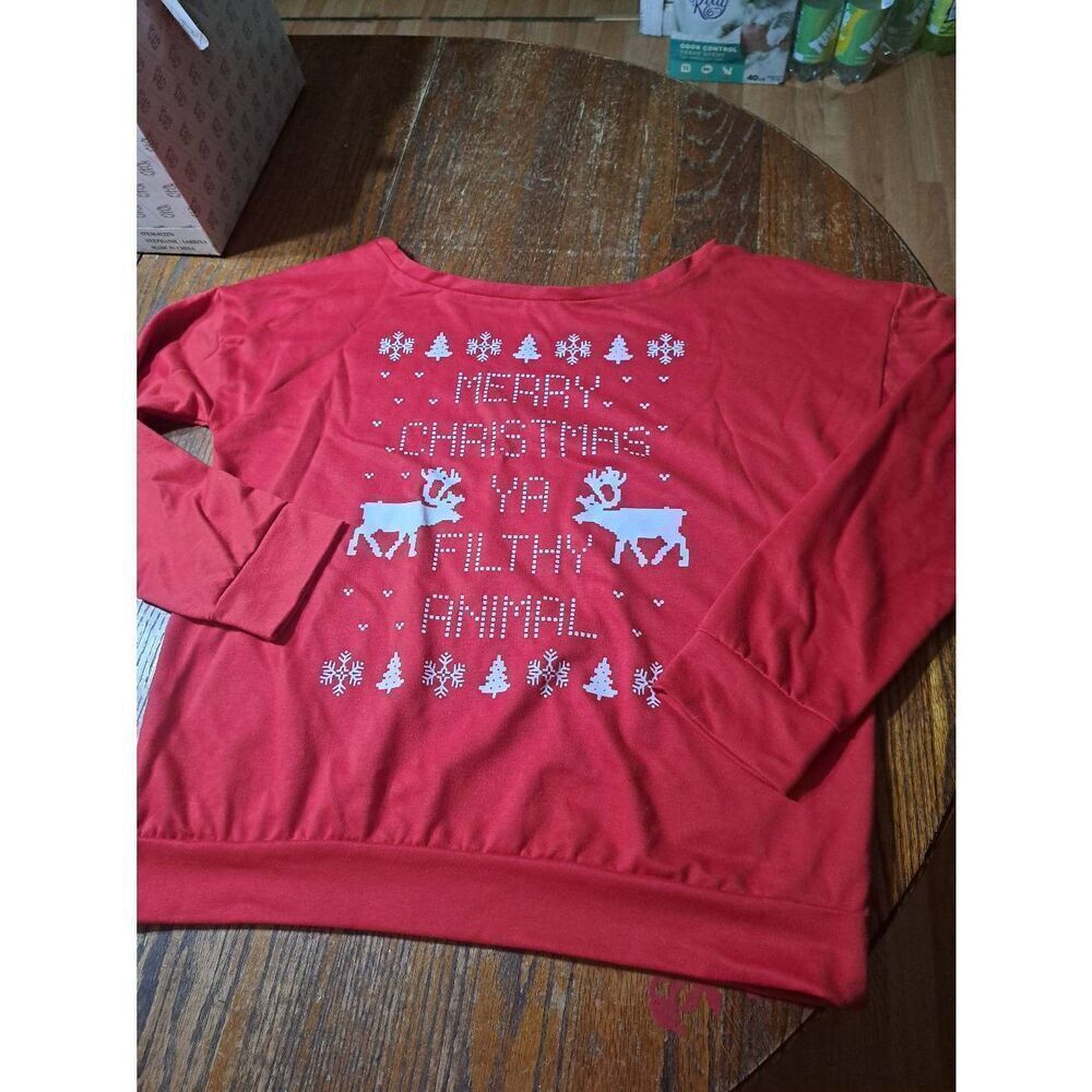 XL Merry Christmas You Filthy Animal Red White Long Sleeve Pullover Shirt Top
